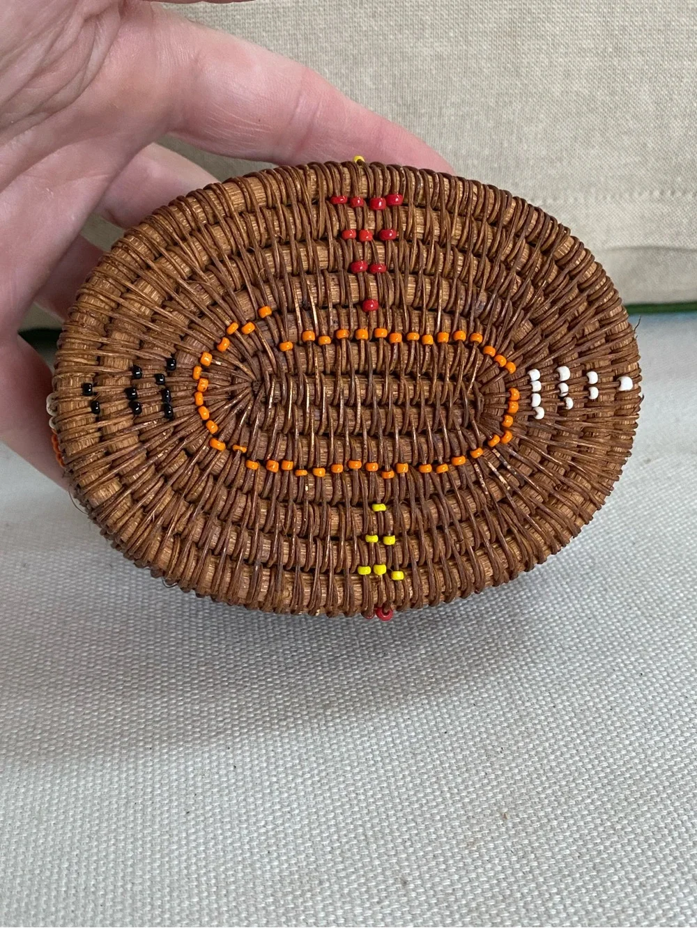 2 VTG Indonesian Lombok Handwoven Rattan Beaded Trinket Box Lid Seed Bead Accent